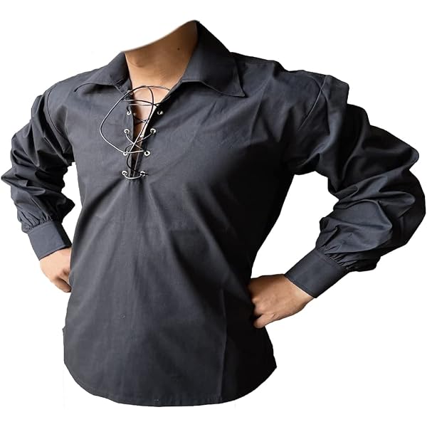 Jacobite Ghillie Shirt - Black Polycotton Shirt For Men With Leather Drawstring, X-Large - View #5