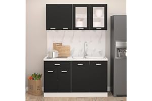 Emmtore Juego de Muebles de Cocina 4 Piezas Comedor Mobiliario Armario Estante Almacenaje Microondas Fregadero Lavavajilla Madera Contrachapada Negro