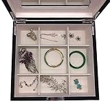 4Queens XXL Flaches Design Schmuckkasten Schmuckkästchen Schmuckbox Schmuckkoffer Schmuck Aufbewahrung Schmuckschatulle Jewelry Box Bijou Box Jewelry Case abschließbar mit großem Spiegel LxBxH: 28*26*11cm (Schwarz/Beige) - 3