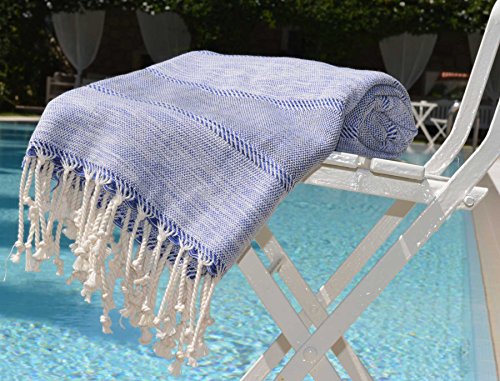 Fouta Hamamtuch xl 'Tezzy' | Leichtgewicht Strandtuch xl | 95x190cm | Exklusiv durch die melierte Baumwolle, die schönen Farbe und das hübsche Webemuster | Hochwertige Qualität, handgewebt, knitterfrei | Hamam Badetuch, Saunatuch | (Blau)