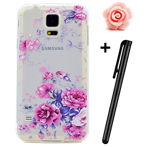 Samsung Galaxy S5 Mini Hülle,TOYYM Transparent Kristall Ultra Dünn [Perfect fit] Soft Bumper Handyhülle Case TPU Silikon Backcover,Durchsichtige Schutzhülle Anti-scratch mit Retro Muster Design hinten Tasche Etui für Samsung Galaxy S5 Mini-Pinke Rose