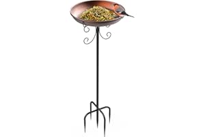 EFUTURETIME Comedero Pajaros Exterior Grande de Metal con Pie φ 26 X 90 cm Baño de Pájaros con Soporte Regulable en Altura para Balcón de Jardín, Color Bronce