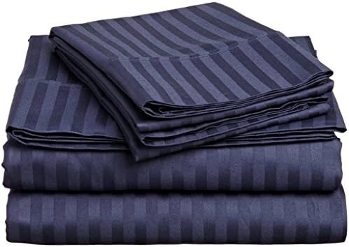 Max Staunch offers- Elegant 4-piece sheet set (1 Fitted Sheet + 1 Flat Sheet and 2 Pillow Cases) 100% Cotton 400 TC Fit up to 35 cm mattress. (UK Caesar, Navy Blue Stripe)