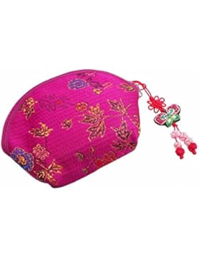 Kleine fuchsia rosa Geldbörse, Geldbeutel - Halbmond design Portemonnaie, Ramie Stoff Blumen-Design, Metall-Reißverschluss