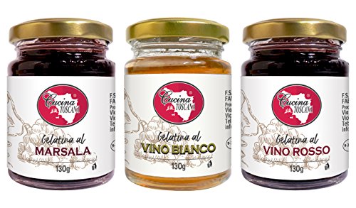 Tris di gelatine assortite per antipasti e formaggi: vino rosso, vino bianco, marsala. 3x130g produzione artigianale Cucina Toscana