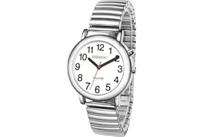 SHMIOU English Talking Watch Unisex for The Blind Visually Impaired Elderly Man Woman Men Ladies Expansion Band Quartz with Alarm, White Dial, Silver Frame