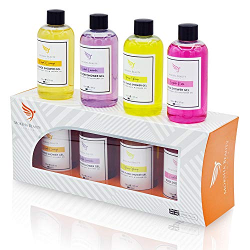 Set Regalo per Gel Doccia per Donna - 4 x 100 ml Gel Doccia Aromaterapico per il lavaggio del corpo realizzato nel Regno Unito Oli essenziali di lavanda, arancia, ylang ylang e rosa