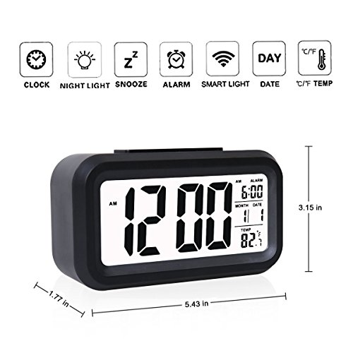 Bosdontek Smart LED-Digital-Wecker Snooze 5 Minuten, bald aufhören Alarmknöpfe, mit Datum, Temperatur-Sensor-Licht (schwarz) - 6