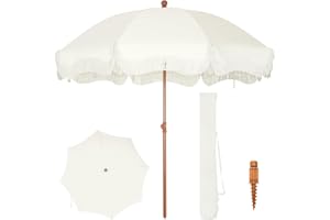 PHI VILLA Beach Umbrella 2M, Portable Fringed Garden Parasol with Ground Drill, Boho Patio Umbrella Round with Carry Bag, Outdoor UV Sun Shade Wind Resistant for Balcony Terrace, UPF 50+, Ivory