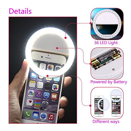 AUTOPkio Selfie Light Ring, 36 anello di luce a LED di illuminazione selfie complementare miglioramento notturno buio selfie per la fotografia per Smartphone (Bianco)