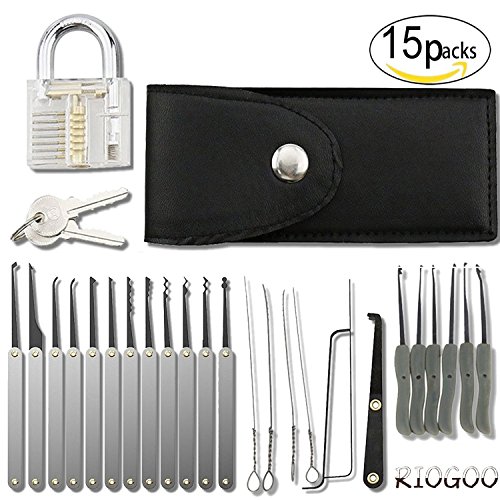 Preisvergleich Produktbild Dietrich Set, RIOGOO 15-teiliges Einsteiger Dietrich Set mit transparentem Übungsschloss, Schlossknacken Schlüssel Extractor Werkzeug with Transparente Übungs-Gebrochene Key Vorhängeschlösser