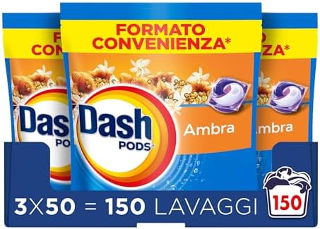 Dash Pods Detersivo In Capsule, 3x50 Lavaggi, Ambra, Rimuove le Macchie, Igienizza, Dona Freschezza, Brillantezza Per I Capi