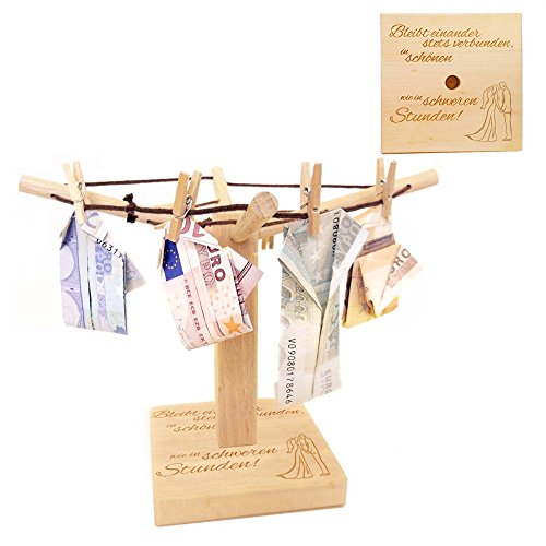 Wäsche-Spinne aus Holz mit liebevoller Gravur – Bleibt einander stets verbunden… - [Motiv Brautpaar] - kreative und originelle Geld-Geschenke oder Foto-Geschenke Verpackung zur Hochzeit - 20cm x 15cm