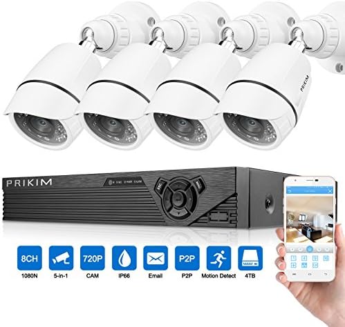 PRIKIM E4 CCTV Camera System Kit 8CH 5 IN 1 CCTV 1080N DVR Recorder with 4 x 720P 1.0 Megapixels Waterproof Security Cameras System, IR Night Vision and NO HDD