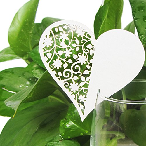 100 Stück Schimmer Weiß Herz Laser Cut Love Heart ans Glas Platzkarten Hochzeit Geburtstage Taufe Party Tischkarten Namenskarten Glasanhänger für Weinglas Cup Deko Hochzeitsfeier Deko Gastgeschenk Tischdeko (100) - 4