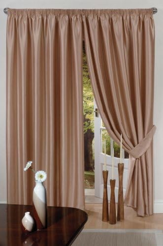 Luxury Faux Silk Slubbed Latte Fully Lined Readymade Curtain Pair 46x54in(116x137cm) Including One Pair Of Co-Ordinating Tiebacks.
