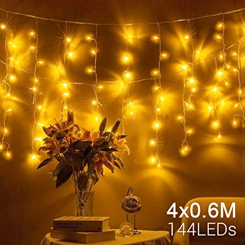 Quntis® Cortina de Luz 144 Leds Iluminación Blanco Cálido Brillante, Luces Decorativas Interior & Exterior Impermeables, Cadena de Lámparas 4m*0,6m [Clase de eficiencia energética A+++]