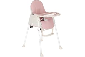M.J COMFY-LIFE 3-in-1 Convertible Baby High Chair – Adjustable Toddler Feeding Chair with Removable Tray, 5-Point Harness, and Wooden Legs – Suitable from 6 Months to 5 Years (Pink)