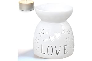 HUEMTNOR Keramik Duftlampe, Aromalampe mit Kerzenhalter, Herzförmig Aroma Diffusor Öl Brenner Räucher Zubehör für Duftöl, Blumenmuster Aroma Diffuser - 7,5×8,8×7,5cm