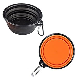 KEKU 2-Pack Plegable del Recorrido Perro Bowl, Silicona Comedero portátil Pet Food Agua de la Taza, Plato Plegable Extensible Copa para los Animales domésticos, Aprobado por la FDA. [Negro y Naranja]