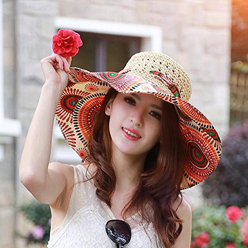 Fashion Vintage Colorful Sun Flower Totem Muster Breite Krempe Floppy Stroh Weave Hat Abschäumer Summer Sun Hat Strand Cap Big Hat für Frauen Mädchen Damen Orange Sun Flower + Khaki - 4