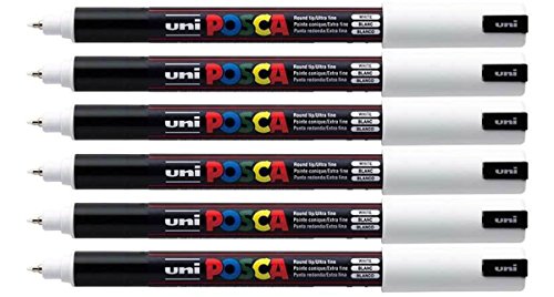 Uni Posca 1MR weiß Paint Marker Pen Stoff Metall Glas Ultra Fine 0,7 mm Feder, weiß, 6 Stück