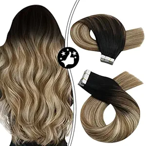 Moresoo Glam Seamless Tape Hair Extensions 20 Inch Balayage Tape in Extensions Remy Hair Ombre Extensions Off Black #1B Ombre #6 Brown Highlight with #22 Blonde 20 Pieces 50 Gram