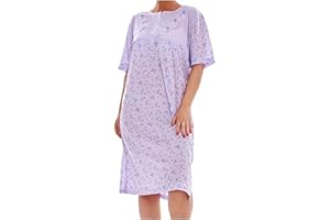 iTRONiK New Ladies Nightdress Floral Print Short Sleeve Rich Cotton Buttons Nightshirt