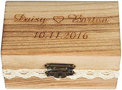 YANGSION Personalized Engraved Rustic Wedding Ring Bearer Box Lace Wooden Shabby Chic Gifts for Couples (Style D)