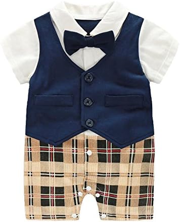Baby Boy Formal Outfit Short Sleeve Tuxedo Plaid Gentleman Suit,3-6 Month,Navy Blue Plaid