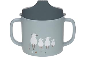 LÄSSIG Kubek do nauki picia dla dzieci z uchem i zdejmowaną pokrywką 150 ml/Sippy Cup Tiny Farmer Sheep/Goose Blue