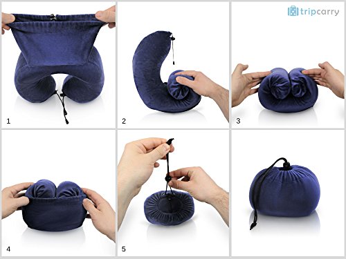 Tripcarry Reisekissen (faltbar) – Ergonomisch geformtes Nackenkissen mit Memory-Schaum-Füllung & waschbarem Bezug | Nackenhörnchen für erholsamen Schlaf im Flugzeug, Zug & Auto (Blau) - 5