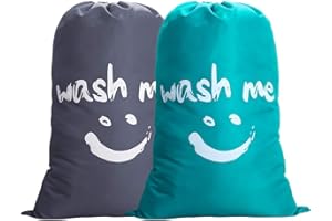 IHOMAGIC Set of 2 Large Foldable Laundry Bag Storage Bag with Nylon Rope 120g Lightweight Portable Bag for Dirty Clothes 120 L in Bedrooms, Hotels, Dormitories, Travel, Blue+Grey Smile