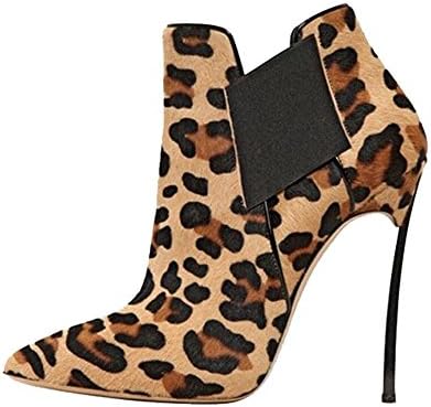 women short boots fashion apricot leopard leather thin high heels pointed warm elastic band ankle shoes . leopard . 34