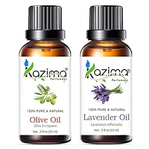 KAZIMA Combo of Olive Carrier Oil and Lavender Essential Oil - 100% Pure & Natural Oil for Hair Growth, Massage, Skin Moisturizing & Aromatherapy, 15 ml each