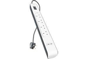 Belkin Extension Lead with USB Slots x 2 (2.4 A Shared), 4 Way/4 Plug Extension, 2m Surge Protected Power Strip - White