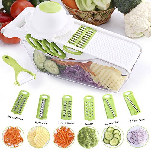 Acale Mandolin Slicer - Cortador de Verduras Julienne Slicer, 6 en 1, multifunción, Cortador de Alimentos con 6 Cuchillas afiladas Intercambiables, Protector de Mano de Seguridad y pelador