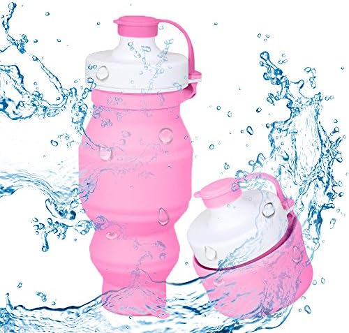 CoolFoxx Foldable Water Bottle, 520ml Silicone Portable Collapsible BPA Free Leak Proof Sports Bottle, Lightweight+Non-toxic+FDA Approved+Reusable Drinking Cup for Cycling,Camping,Hiking,Running,Yoga,Gym,Joggers,BBQ,Picnics (Pink)