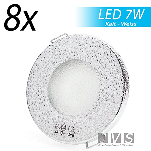 8er Set AQUA SLIM 230V -CHROM- mit LED 7W Kaltweiss mit GU10 Fassung Einbaustrahler Einbauspots Deckenspots Feuchtraum Badezimmer IP44