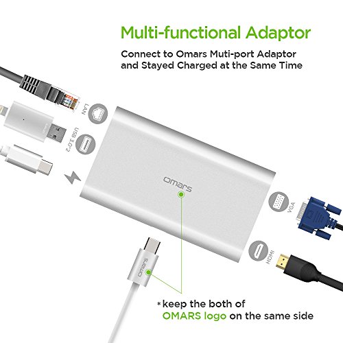 USB C Hub, OMARS® Type C Hub mit Aufladefunktion, HDMI Port (4K Auflösung), VGA, RJ45 Ethernet LAN Port, 2 x USB 3.0 Anschlüsse für z.B. Huawei MateBook, Apple New MacBook 12 Zoll, Chromebook Pixel 2015 usw. - 2