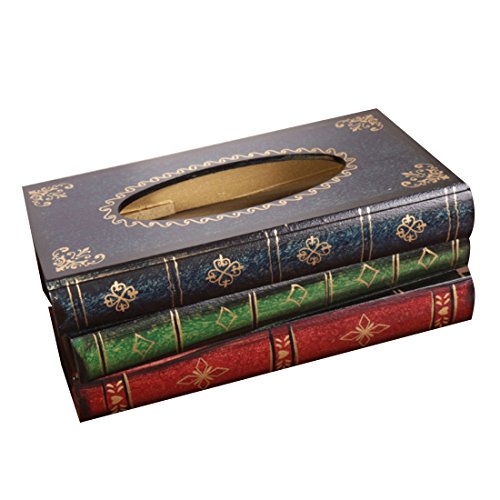 Tissue Box Holder Elegant Wooden Antique Book Design Tissue Paper Holder Dispenser Novelty Napkin Holder for Home/Office/Car Automotive Decoration (Blue)