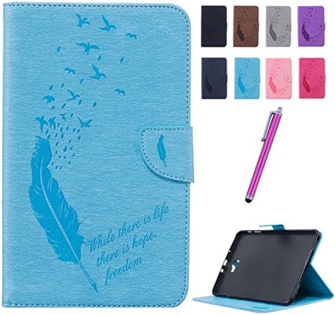 Romtronic Practical and Fashion Flip Feather Pattern Premium Wallet Case Back Cover with Stand and credit Card Holder Function mobile Case for Samsung Galaxy Tab A 10.1 2016 (SM-T580 \ SM-T585), Stylus Pen included (Skyblue)