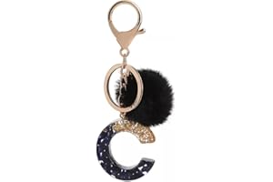 WAITLOVER Portachiavi in resina nera con lettera A-Z con ciondolo a forma di lettera dell'alfabeto con pompon per ragazze per le donne borsa a sfera in pelliccia