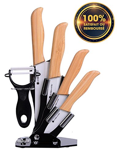 La Raffinerie Du Chef★★★ - Set aus 4 Küchenmesser Keramik Top-Bereich [Ökologischer Bereich] - mit Bambus verstärkt Befestigungsgriff Keramikmesser - Ergonomischer Griff