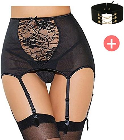 Best 6 Strap Black Garter Belt High Waist Women's Underwear Erotic Sexy Lingerie Sets Lace Adjustable Suspender Belt Top Quality with G-String Thong Plus Bonus Choker Necklace (Large)