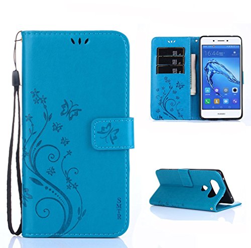 SMTR Wallet Cover Per Huawei Nova Smart, Custodia Per Huawei Nova Smart - Retro Flowers Design Pattern Custodia In Pelle Con Wallet Case Cover Per Huawei Nova Smart (blu)