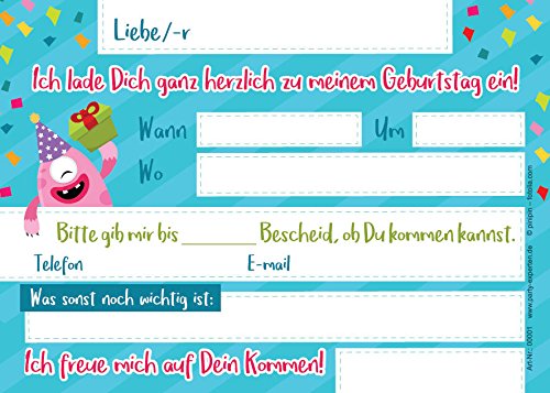 12 Einladungskarten zum Kindergeburtstag / schöne Einladungen zum Geburtstag für Mädchen und Jungen „lustige Monster“ - 2