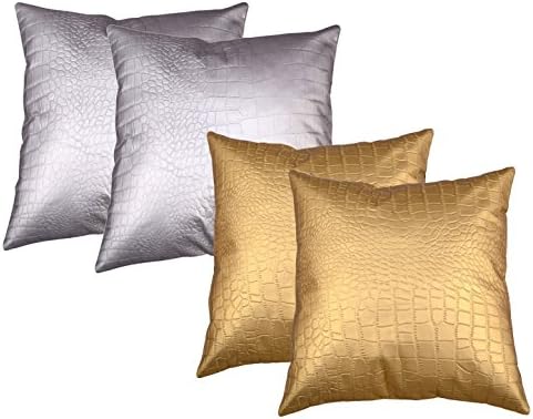 2x Beautiful Luxury Genuine Leather Cushion Cover With Crocodile Pattern Embossed Surface (45 x 45 cm, Golden)