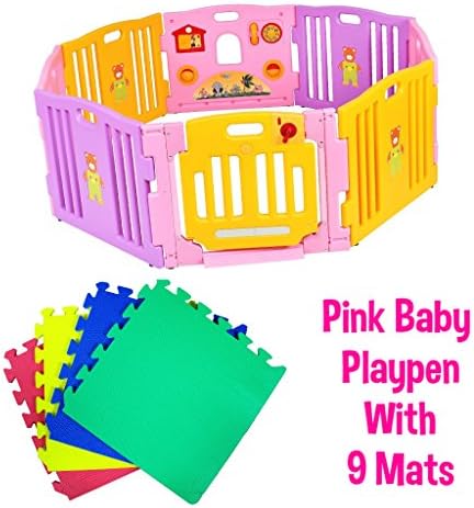 InfantSafe Pink Baby Playpen - Collapsible 8 Plastic Panels Including Fun Activity Learning Centre w/ 9 Interlocking Floor Mats - Safe, Strong and Durable