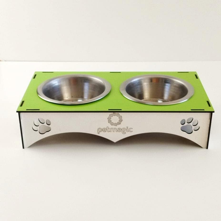 Petmagic 2'li Mama Kabı İkili Ahşap - Çelik Kap (Yeşil Beyaz)